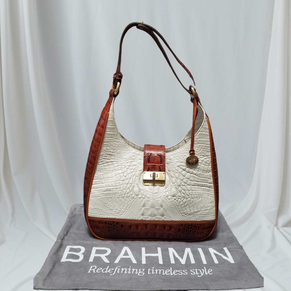 Brahmin Maggie Hobo Croc Embossed Leather Shoulder Bag Brown And White
